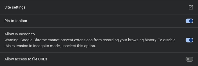 Chrome Snapify settings: Allow access to file URLs is the last row, switch grey and off