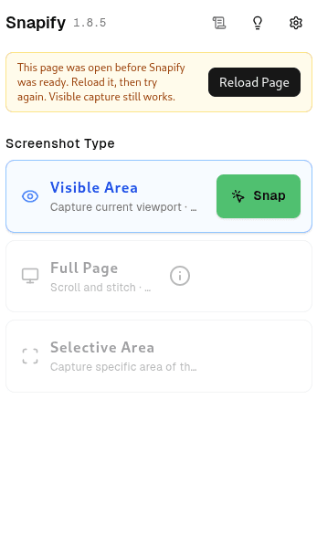 Snapify popup with a yellow bar asking to reload the local file, Reload Page button on the right