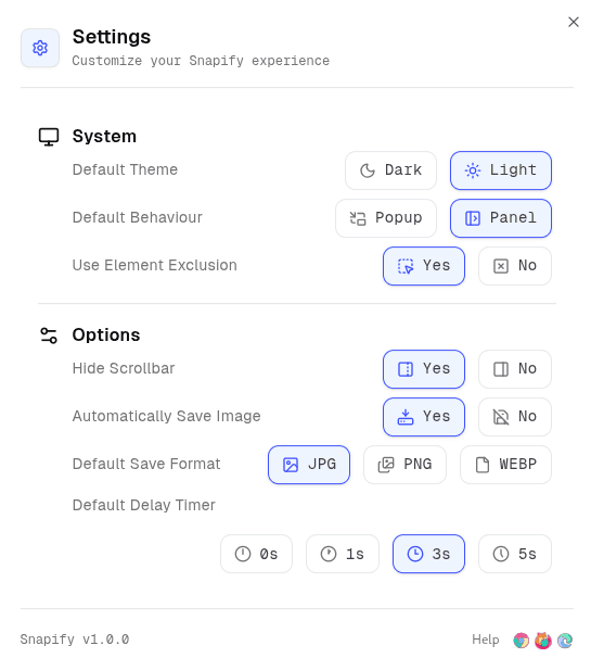 Settings panel showing customization options for system and capture preferences