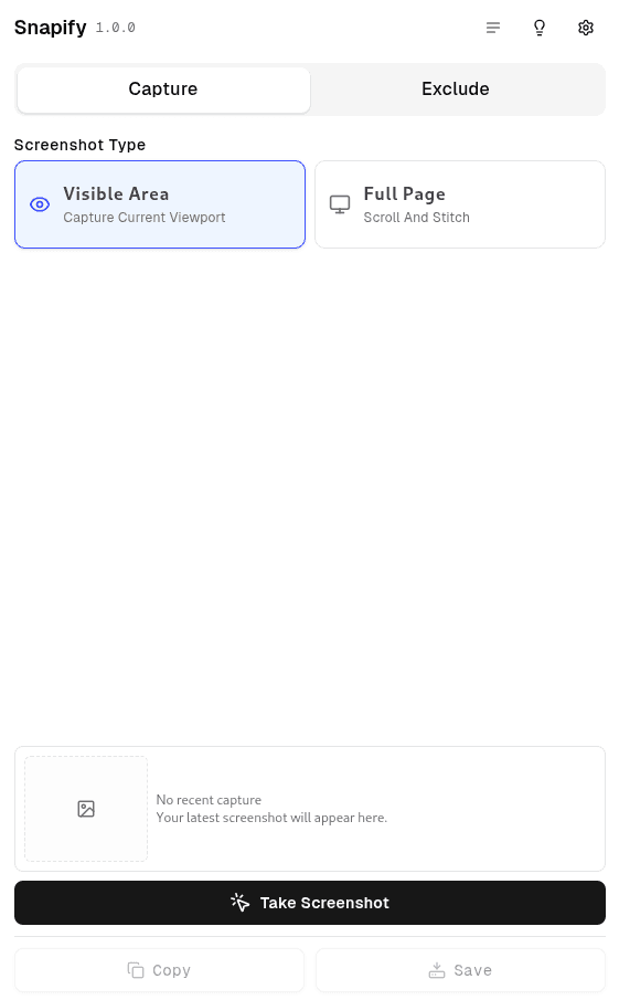Snapify capture interface with Visible Area and Full Page screenshot options