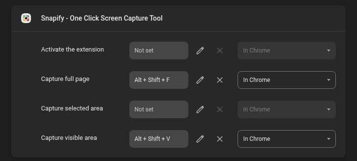 Chrome extension shortcuts page for Snapify visible area and full page captures