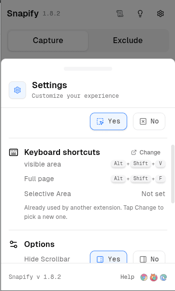 Snapify settings popup listing keyboard shortcuts for visible area and full page