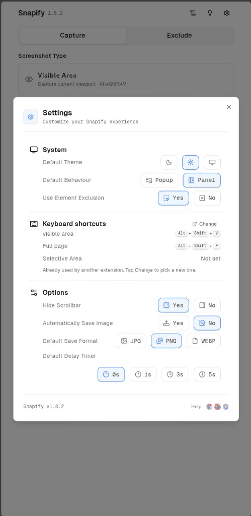 Snapify sidebar panel settings with keyboard shortcuts and export options